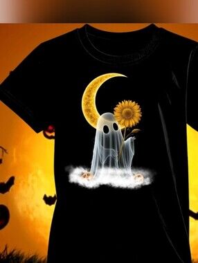 Cute Halloween Ghost Sunflower Tee Hand-Placed Crystals
